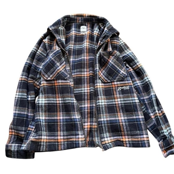 A107- Zara Plaid Utility Jacket - Black, White, Orange - Picture 1 of 6